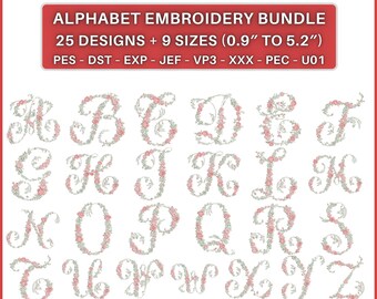 Floral Script Alphabet Embroidery Design Bundle, Romantic Rose Monogram ...