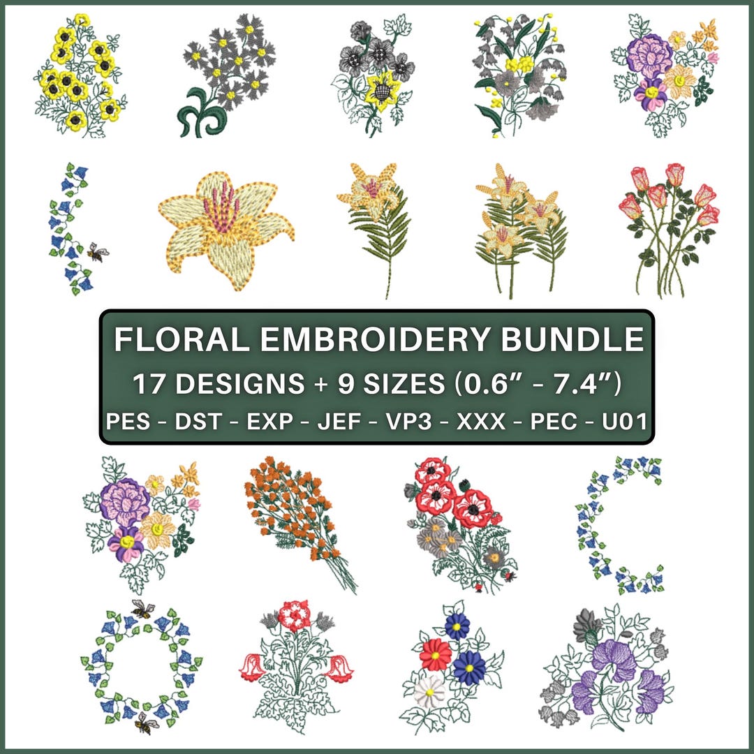 Floral Embroidery Bundle | 17 Flower Designs | Machine Embroidery PES ...