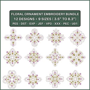 Puede incluir: Colección de doce diseños de bordado de adornos florales, con tamaños de 8,9 cm a 21,1 cm. Los diseños presentan intrincados patrones florales en tonos verdes, morados y blancos, ideales para proyectos de bordado.