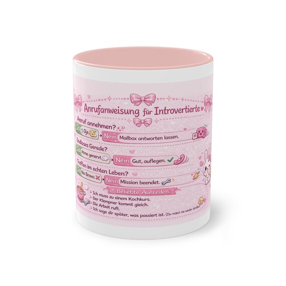 Calling instructions for introverts, funny mug in pink and light blue, gift for introverts