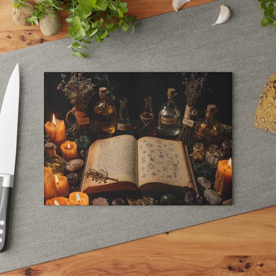 Witchy Glass Cutting Board | Dark Potion Kitchen Decor, Gothic Cookbook Design, Aesthetic Witch Kitchen Gift, Alchemy Countertop Board