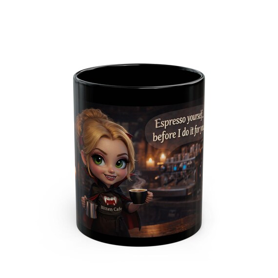 Espresso Yourself Cute Barista Character Mug | Black Coffee Mug, Cute Vampire Mug, Gift for Baristas