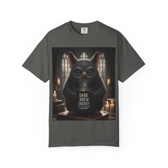 Dark Brew Energy Vampire Bat T-Shirt | Cute Gothic Coffee Lover Tee | Grumpy Bat Shirt for Coffee Addicts | Spooky Barista Unisex Tee