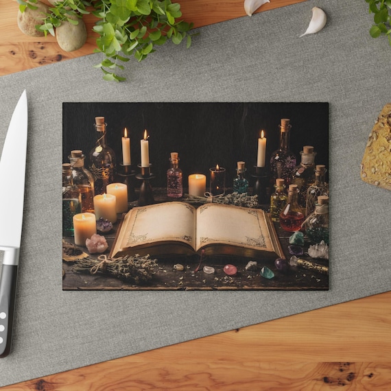 Gothic Glass Cutting Board | Dark Candle Ritual Kitchen Decor, Witch Cookbook Art, Mystical Alchemy Countertop Board, Occult Witch Gift