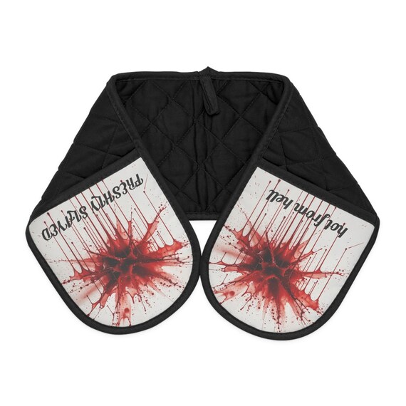 Bloody Horror Oven Mitts | Freshly Slayed & Hot From Hell | Gothic Kitchen Gloves | Halloween Cooking Gift | Dark Aesthetic Decor