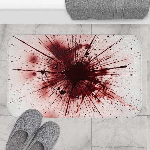 Blood Splatter Bath Mat | Gothic Bathroom Rug | Horror Aesthetic Floor Mat | Red Splatter Art | True Crime Bathroom Decor | 24×17 & 34×21