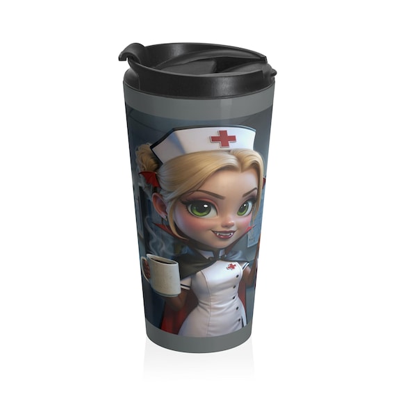 Vampire Nurse Travel Mug / Stainless Steel Insulated Tumbler for Night Shift Workers / Spill-Proof Coffee Cup