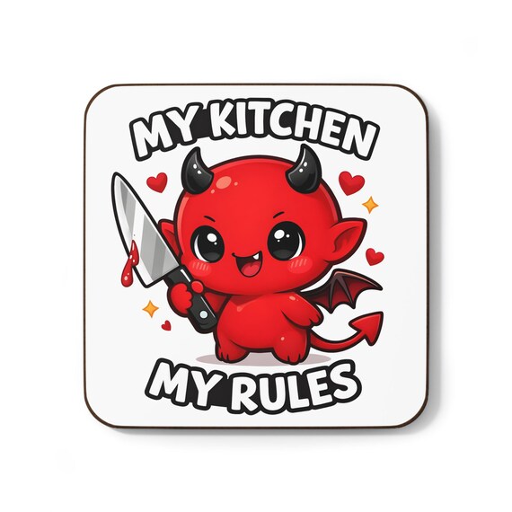 My Kitchen My Rules devil character Coaster | Hardboard Back Kitchen Coaster