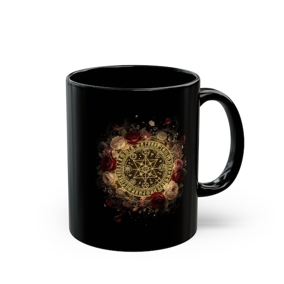 Elegant Witchcraft Mug | Golden Sigil & Dark Floral Magic, Black Ceramic Mug 11oz/15oz, Gothic Occult Cup, Mystic Aesthetic Gift