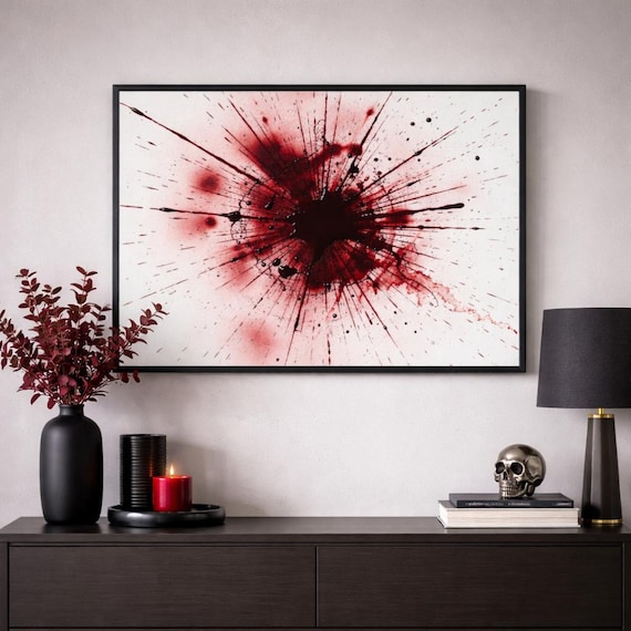 Framed Blood Splatter Wall Art | Black Wood Frame | Gothic Horror Decor | True Crime Inspired Print | 16×12, 20×16, 28×20