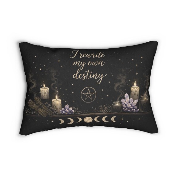 I Rewrite My Own Destiny Lumbar Pillow | Witchy Decor Pillow | Moon Phase Crystal Cushion | Mystical Witch Home Decor | Gothic Bedroom