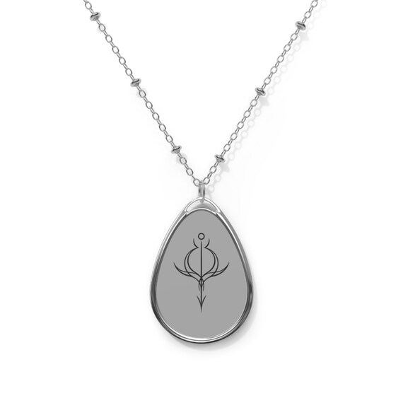 Eclipse Sigil Teardrop Necklace, Silver Stainless Steel Pendant, Engraved Gothic Symbol Jewelry, Witchy Protection Amulet