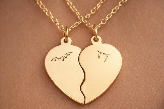 Bat & Fangs Split Heart Necklace, Gothic Couple Gift / Best Friend Matching Jewelry / Engraved Gold Heart / Dark Romance Necklace