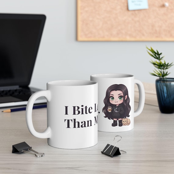 I Bite Less Than My Cat Mug / Funny Vampire Cat Mom Coffee Cup / Gothic Cat Lover Gift / Cute Dark Aesthetic Ceramic Mug