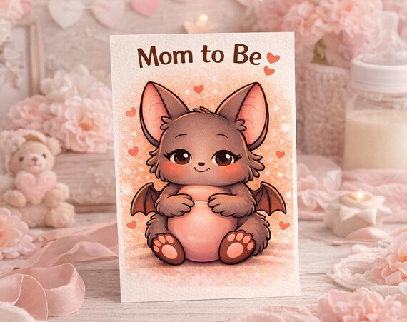 Mom to Be Printable Card A6 | Cute Kawaii Bat Baby Shower Card | Pregnancy Announcement | Digital Download | Instant Card