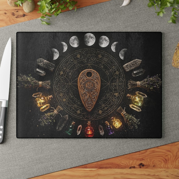 Witchy Planchette Crystal Glass Cutting Board | Moon Phase Kitchen Decor, Mystic Tempered Glass Board, Occult Witchcraft Gift