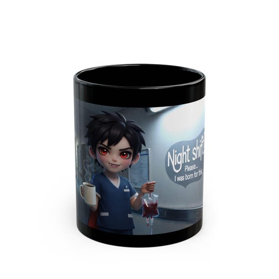 Nurse Mug / Night Shift Coffee Cup with Male Vampire Nurse Illustration