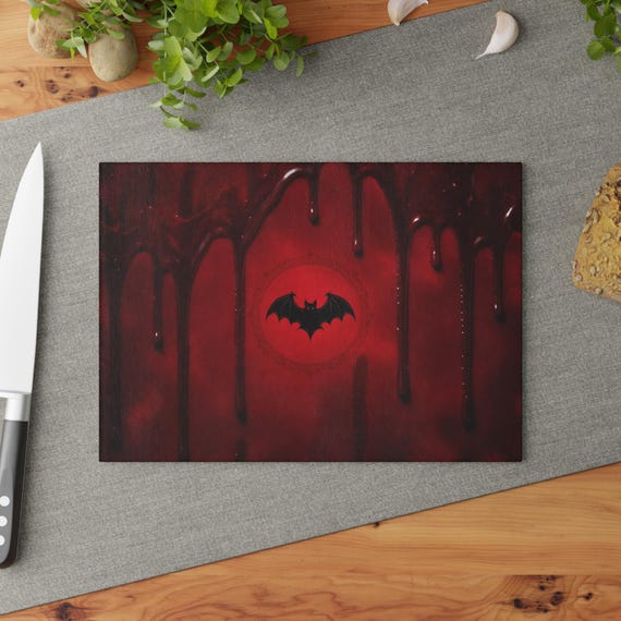 Vampire Blood Drip Glass Cutting Board | Gothic Bat Kitchen Decor | Dark Aesthetic Countertop Board | Horror Home Gift
