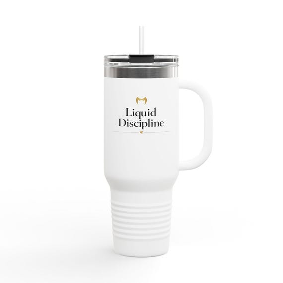 Liquid Discipline 40oz Travel Mug | Luxury Minimalist Tumbler With Gold Accents | Insulated Stainless Steel Mug | Fitness Cup | White & Gray