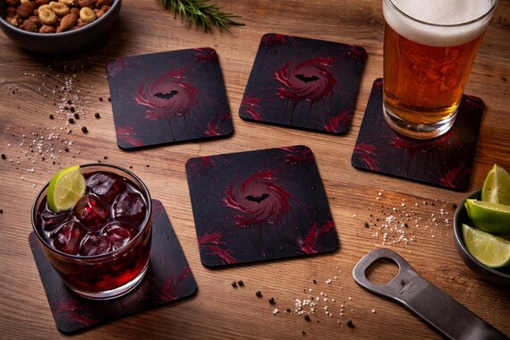 Vampire Blood Splash Coasters / Gothic Bat Drink Coaster Set / Dark Aesthetic Bar Decor / Horror Kitchen Gift / Spooky Home Accessories
