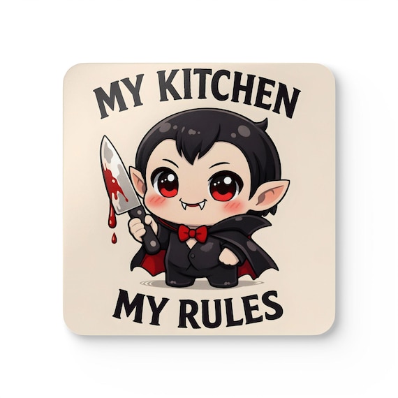 Cute Vampire Holding Bloody Knife My Kitchen My Rules Cork Coaster Set