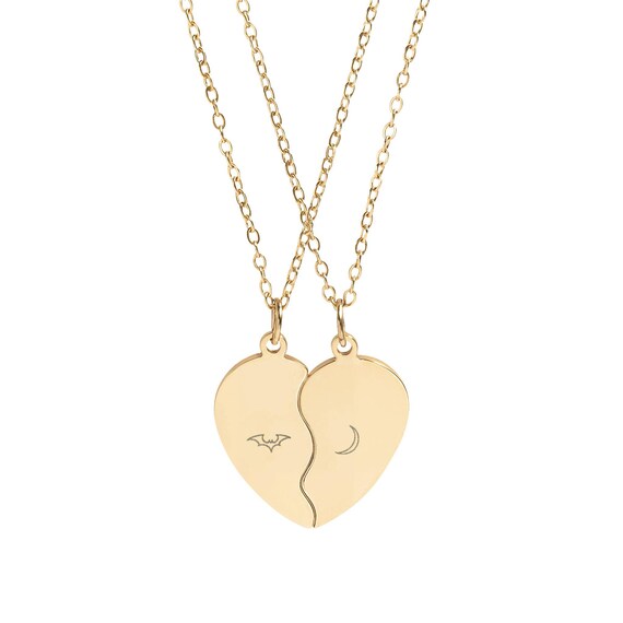 Break Apart Vampire Heart Necklace Set | Bat & Moon Engraved Pendant | Couple Gift | Best Friends Matching Jewelry | Dark Romance Necklace