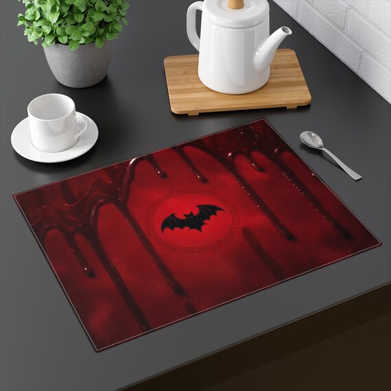 Blood Drips with Bat Placemat / Gothic Table Decor | Horror Dining Mat | Vampire Aesthetic Kitchen Decor | Halloween table setting