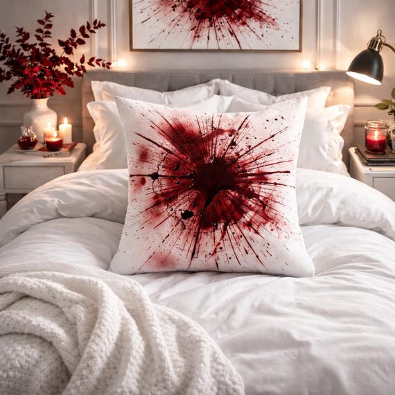 Red Blood Splatter Throw Pillow 14×14 | Double-Sided Gothic Pillow | Horror Aesthetic Cushion | Dark Home Decor | Splatter Art Accent Pillow