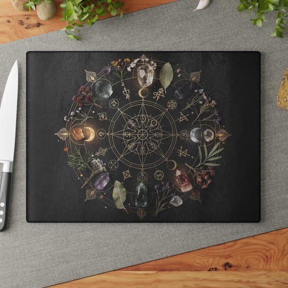 Mystic Crystal Wheel Glass Cutting Board | Zodiac Crystal Art, Tempered Glass Chopping Board, Wiccan Gift, Dark Aesthetic Home