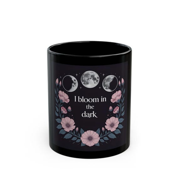 I Bloom in the Dark floral moon phases Mug | Black ceramic coffee cup