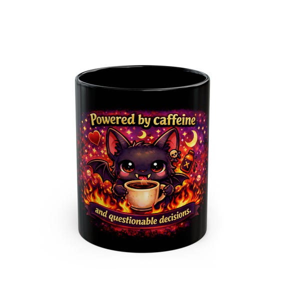 Powered by Caffeine Bat Mug / Cute Coffee Cup / Funny Coffee Lover Gift / Kawaii Mug / Chaos Energy Coffee Mug
