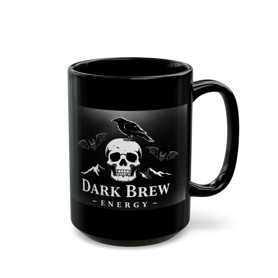 Dark Brew Energy 15oz Mug | Gothic Skull Coffee Mug | Raven & Bats Dark Aesthetic Cup | Spooky Caffeine Lover Gift | Large Black Mug