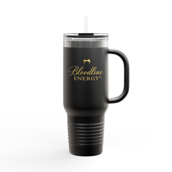 Bloodline Energy™ 40oz Travel Mug | Luxury Black Tumbler With Gold Script | Aesthetic Cup | Insulated Stainless Steel Mug |