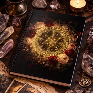 Könnte beinhalten: Schwarzes Spiralnotizbuch mit einem goldenen Pentagramm-Design, umgeben von Rosen. Das Notizbuch liegt offen auf einem Tisch mit Tarotkarten, Kristallen und brennenden Kerzen. Das Design hat ein mystisches Thema.