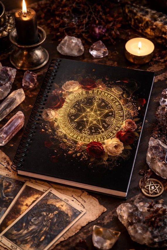 Golden Witchcraft Sigil Notebook | Dark Floral Occult Journal, Wiccan Grimoire, Witchy Spiral Journal, Vintage Ritual Book, Goth Gift