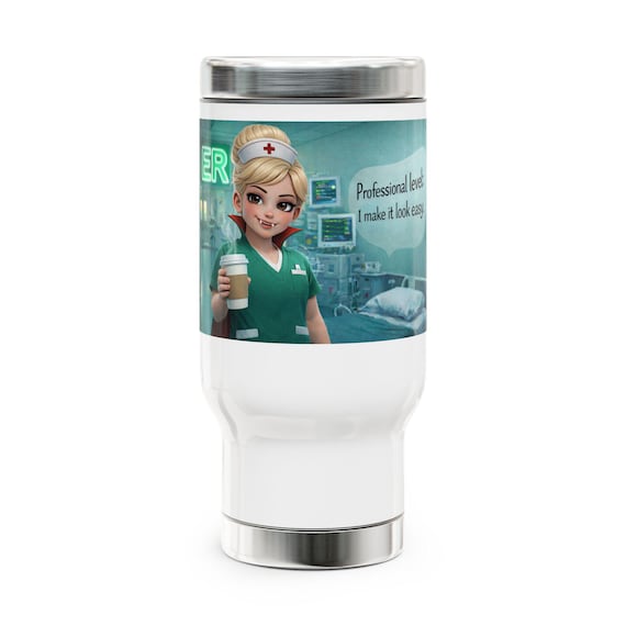 ER Nurse Travel Mug / Cute Cartoon Nurse 14oz Stainless Steel Tumbler / Spill-Proof Coffee Mug