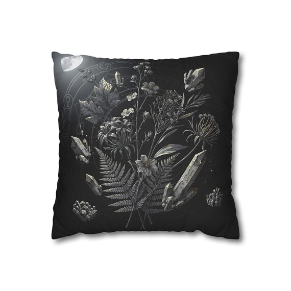 Witchy Moon Botanical Pillow Cover | Mystic Crystal Floral Design, Black Aesthetic Cushion Case Cover Only, 14 to 20 Sizes, Dark Home Decor