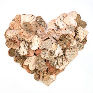 Può includere: Un cuore composto da numerosi pezzi di corteccia di betulla. I pezzi variano per dimensioni e forma, con toni naturali marroni, beige e bianchi. Il cuore è centrato su uno sfondo bianco, creando un'estetica rustica e naturale. Il cuore misura circa 20 cm di larghezza.