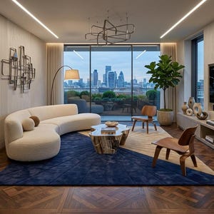 May include: A contemporary living room featuring a cream-coloured curved sofa, wooden chairs, and a distinctive coffee table. A large blue rug and a large window with a city view complete the scene. A large plant is in the corner.