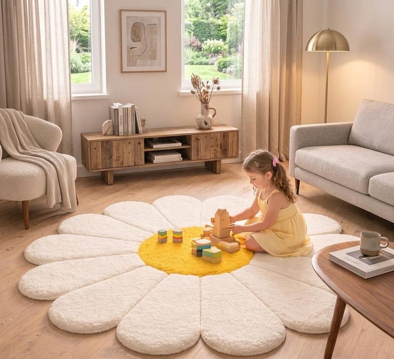 Daisy Shape Rug Daisy Flower Rug | Cute Floral Tufted Rug | White Yellow Area Rug ...