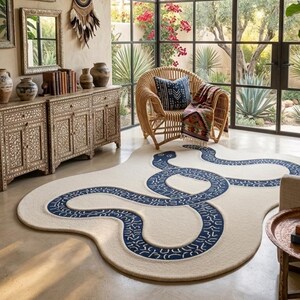Alfombra Blue Snake Tufted, alfombra de lana hecha a mano, alfombra abstracta de forma irregular, alfombra moderna llamativa, alfombra de decoración para sala de estar de tamaño personalizado 5x8