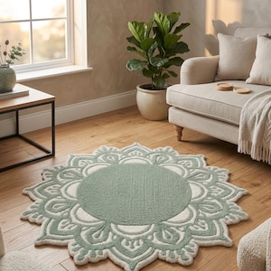 Salviagrön blommig rund matta | Handgjord tuftad bomullsbadrumsmatta | Mandala Boho accentmatta | Mjuk tvättbar badrumsmatta | Entrématta, 5x5