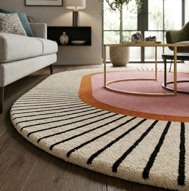 Modern Round Wool Rug | Blush Pink & Ivory Abstract Carpet | Hand ...