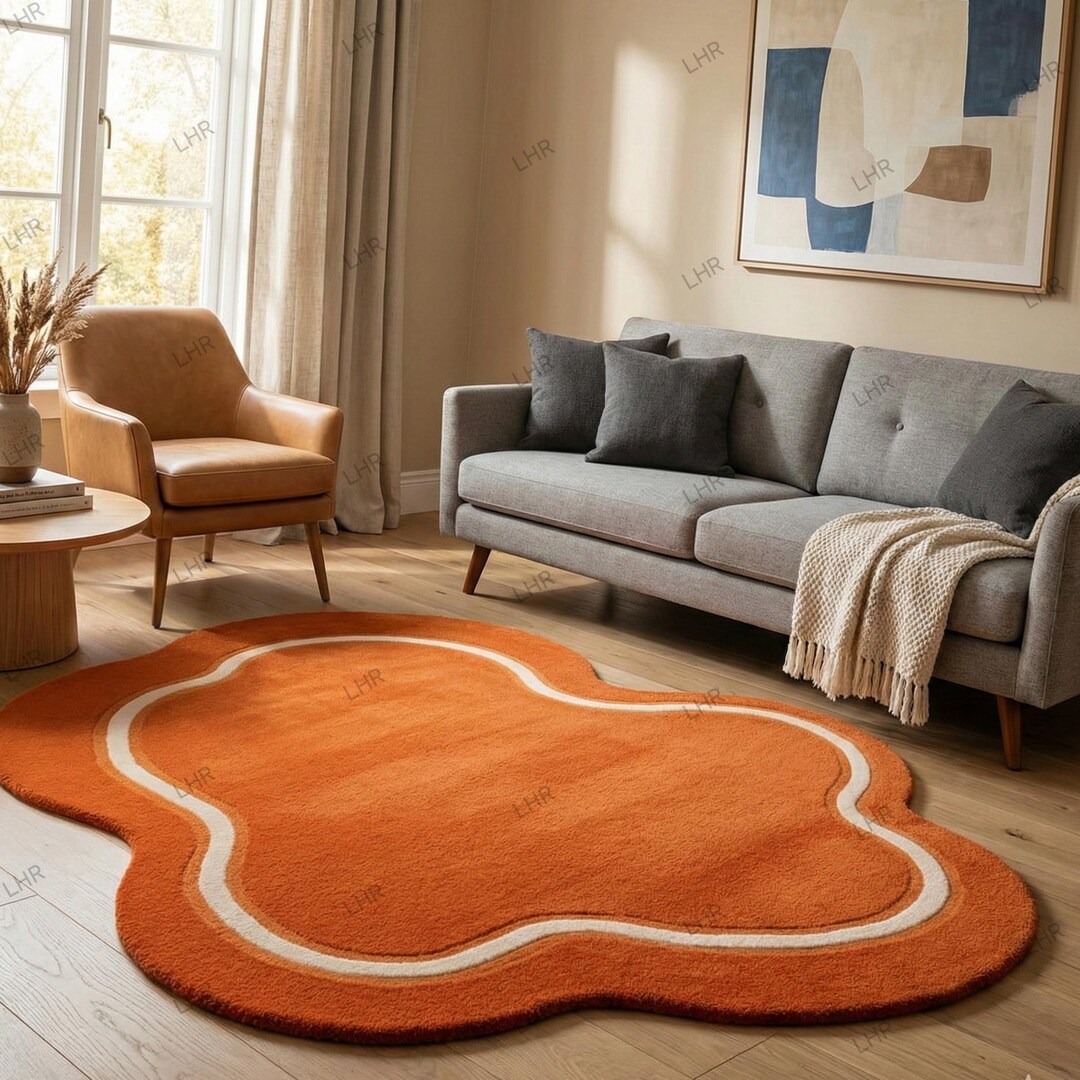 Modern Organic Shape Burnt Orange Rug, Irregular Wavy Rug, Hand Tufted ...
