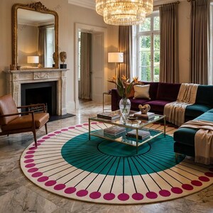 Könnte beinhalten: Wohnzimmer mit einem großen, runden Teppich mit türkisfarbenem Zentrum, cremefarbenen Abschnitten und rosa Kreisen. Der Raum umfasst ein Ecksofa, einen Glastisch und einen Kamin mit einem goldgerahmten Spiegel.