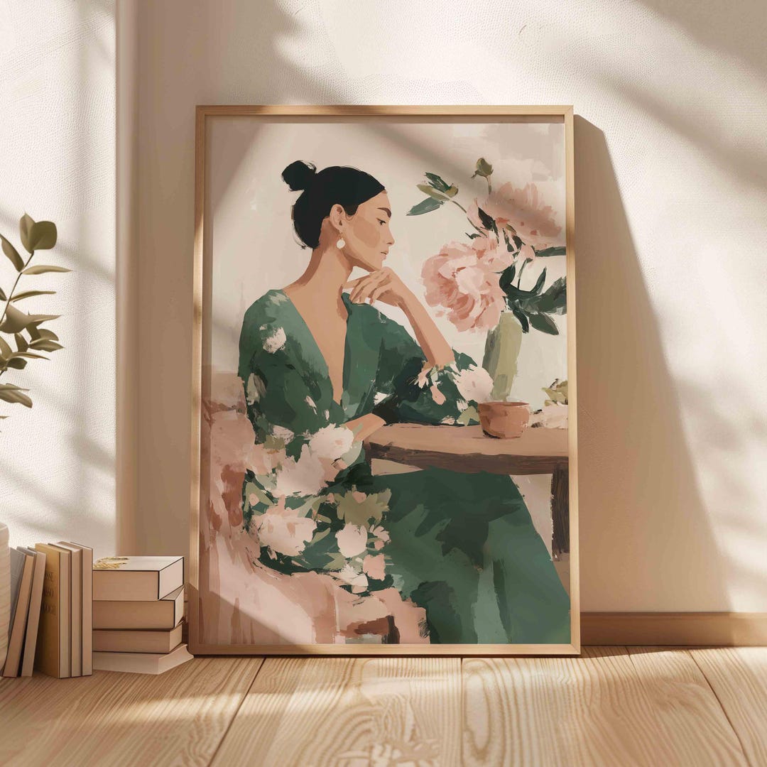Elegant Woman Floral Portrait Wall Art Sage Green Blush Mediterranean ...