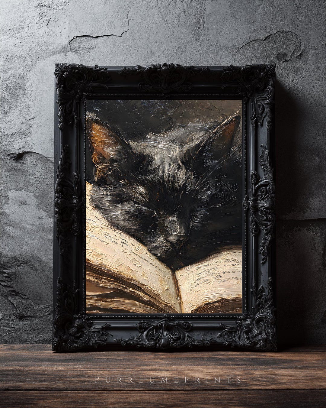 Dark Academia Cat Print, Sleeping Black Cat Wall Art, Vintage Impasto ...