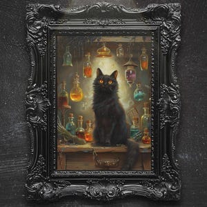 May include: A framed print featuring a black cat with glowing orange eyes, surrounded by colorful potion bottles. The cat sits on a wooden surface, with a collection of glass bottles hanging above. The frame is ornate and black, with the text "PURRLUME PRINTS" at the bottom.