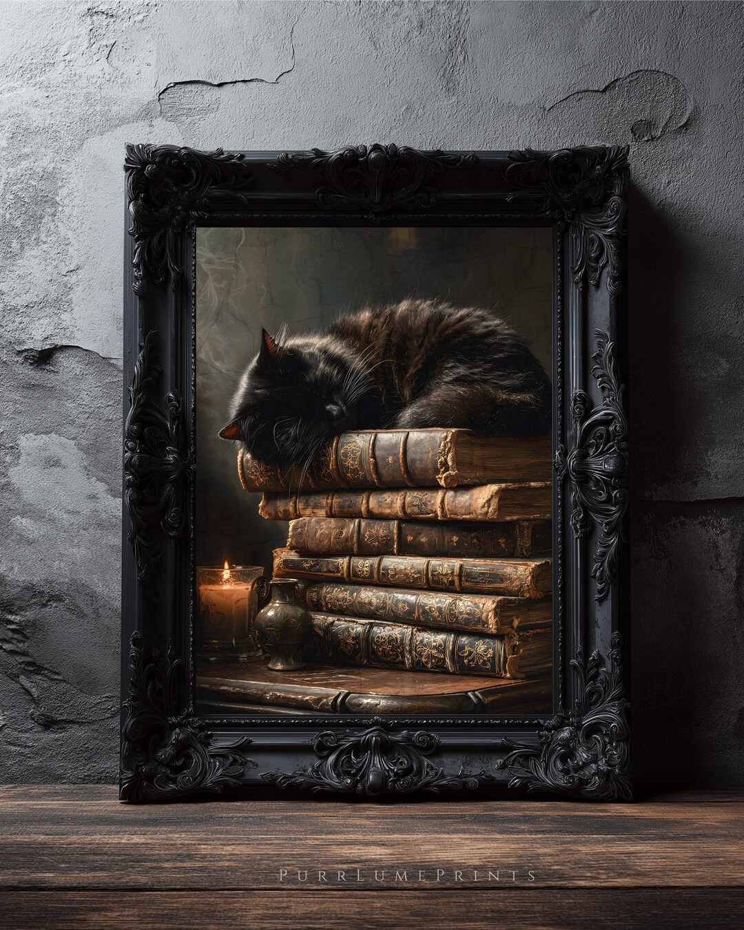 Dark Academia Cat Print, Sleeping Black Cat Wall Art, Vintage Library ...