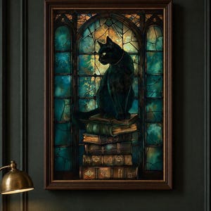 Gothic Stained Glass Cat Print, Cathedral Window Library Painting (Digital Download)